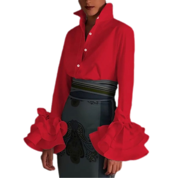 Passion of Essence Tops - True Red Elegant Layered Ruffle Sleeve Button Up Turn Down Collared Top